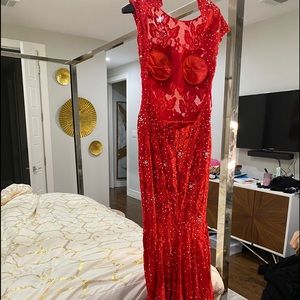 Jovani red lace backless gown